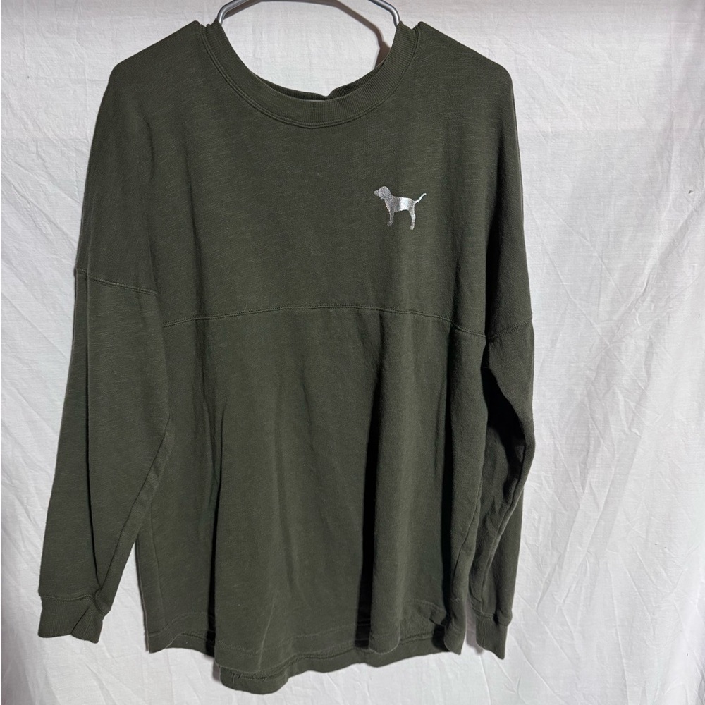 PINK Victoria’s Secret green long sleeve top with back spell out Size Medium